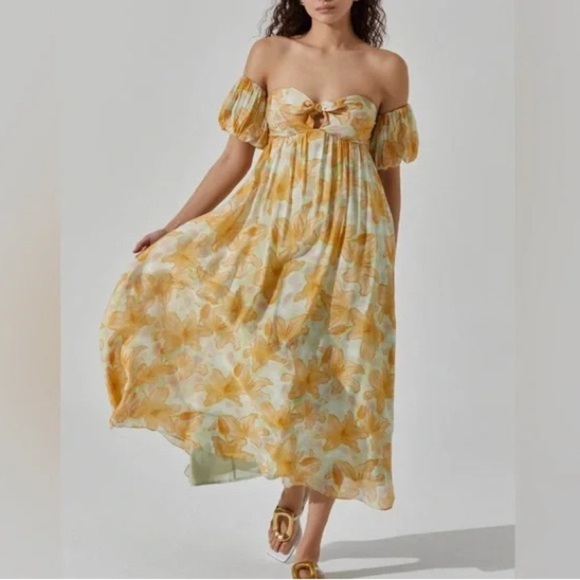 NWT Astr the label floral printed puff sleeve off shoulder maxi dress - Picture 2 of 6